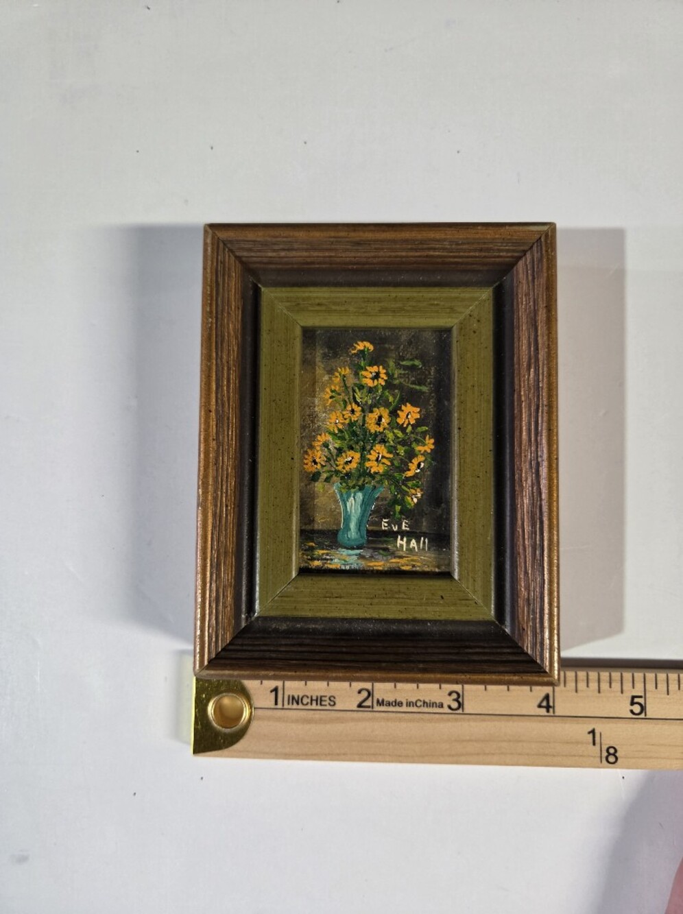 Vintage Mini Framed Floral Painting - Yellow Flowers in Teal Vase - Picture 2 of 6